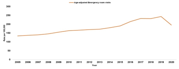 Age-adjusted Emergency Room Visits due to Diabetes, Rate per 100,000 Population