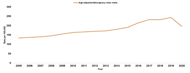 Age-adjusted Emergency Room Visits due to Diabetes, Rate per 100,000 Population