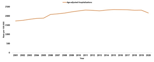 Age-Adjusted Hospitalizations From or With Diabetes, Rate per 100,000 Population